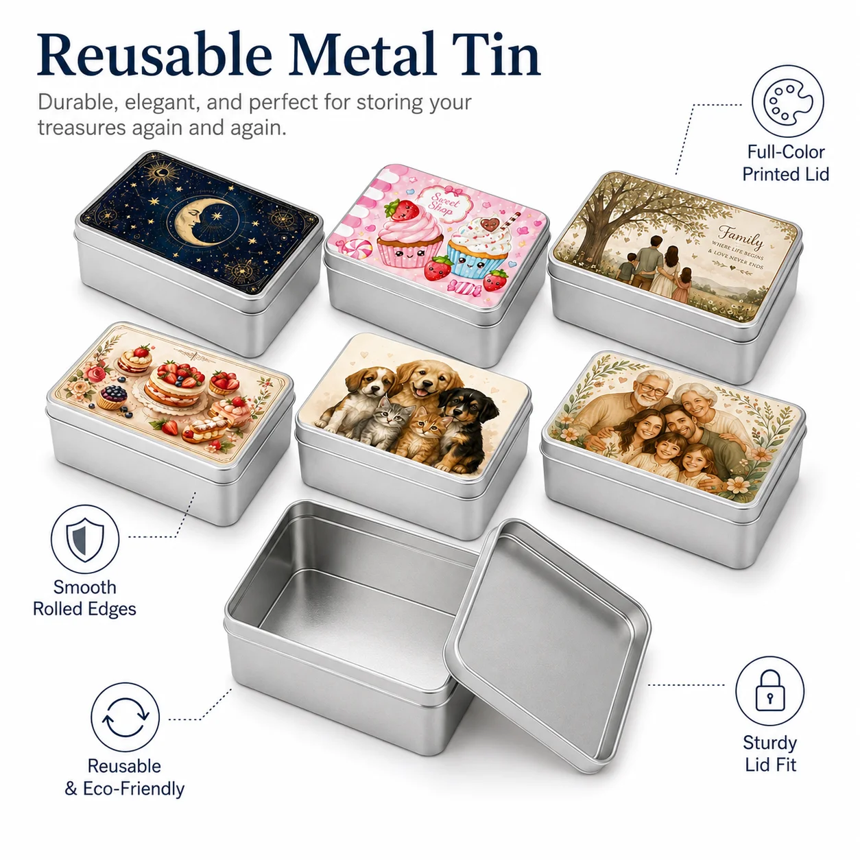 Personalized Custom Vintage Metal Rectangular Tin Box, Refillable Tea Canister, Candy, Jewelry, Wedding Gift, Makeup Brush Holder