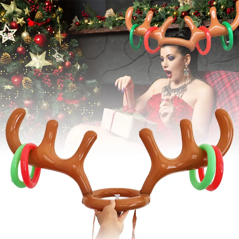 

DIY Xmas Kids Gift New Year Decoration Santa Funny Reindeer Inflatable Toys Ring Toss Antler Hat