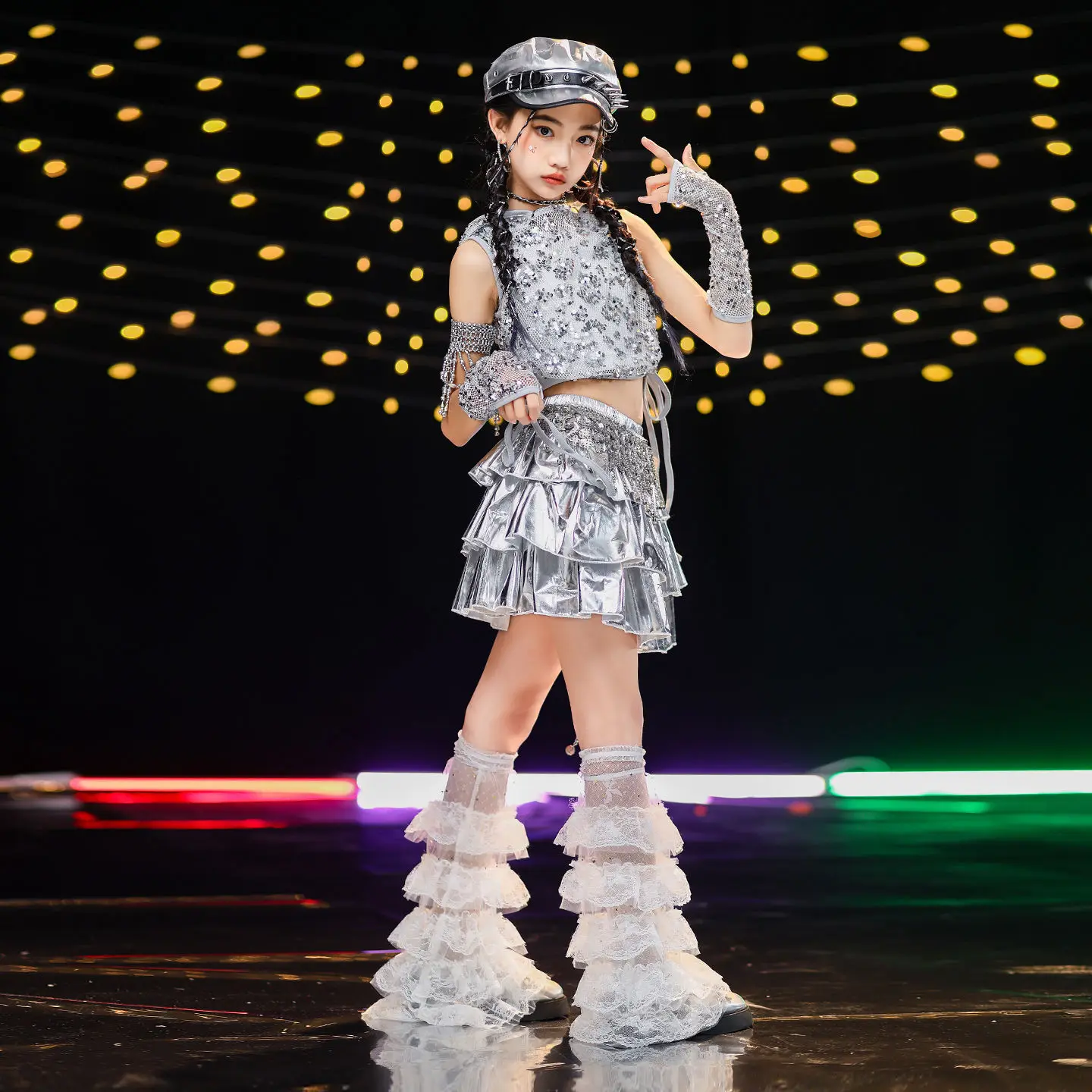 Ropa de Hip Hop Kpop para chico, Sudadera con capucha de lentejuelas plateadas, tanque corto de piel sintética, minifalda plisada en capas para niña, traje de baile, ropa