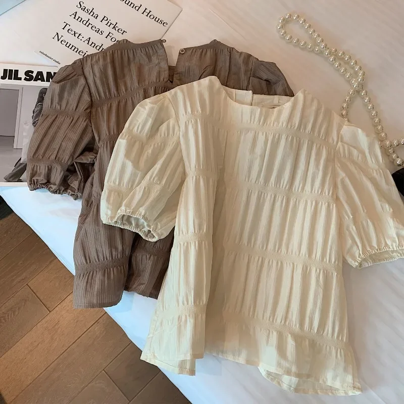 Sweet Puff Short Sleeve Crop Top Blusas Mujer De Moda 2026 Pleated Blouse Doll Shirts for Women Chemises Femme Y2k Summer