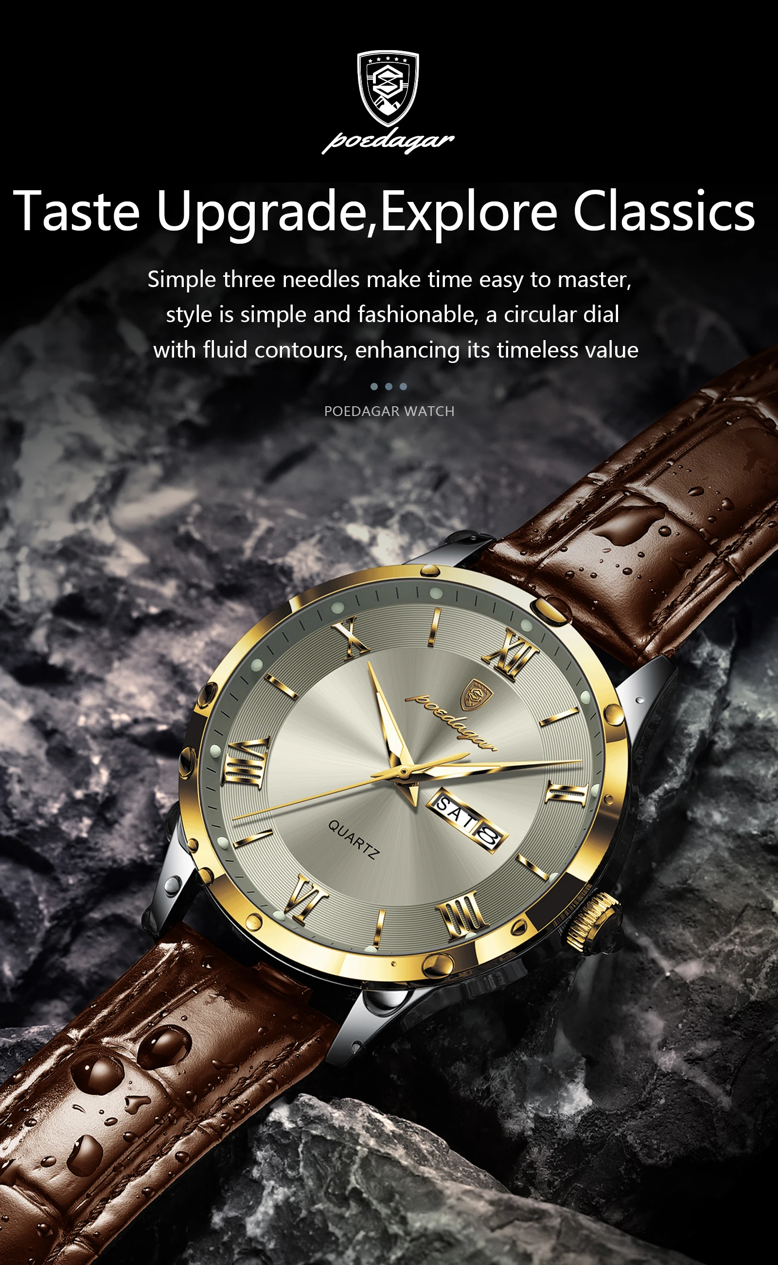 POEDAGAR Original Mode Uhr Für Mann Leder Datum Woche Quarz Männer Uhr Wasserdicht Leucht Business herren Uhren Männlich Reloj – Detail 14
