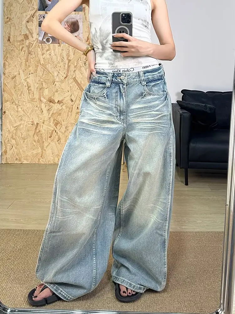 

Винтажные потертые широкие джинсы, женские утягивающие короткие брюки с высокой талией, большие размеры, драпированные, длиной до пола, прямые длинные брюки