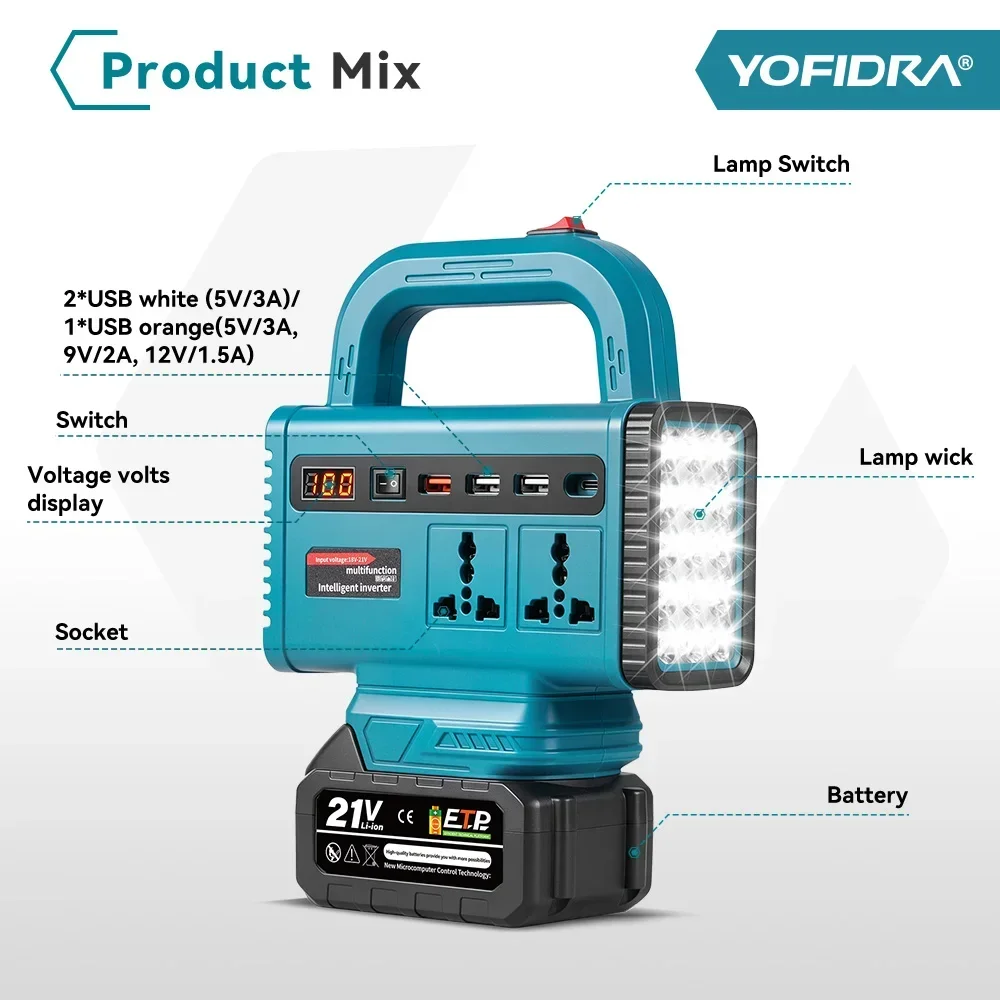 YOFIDRA 350W Kabelloser Stromwandler DC 18V-21V zu AC 220V Lithium-Batterie-Wechselrichter mit Dual-USB-Ladeanschluss für Makita-Akkus – Detail 6