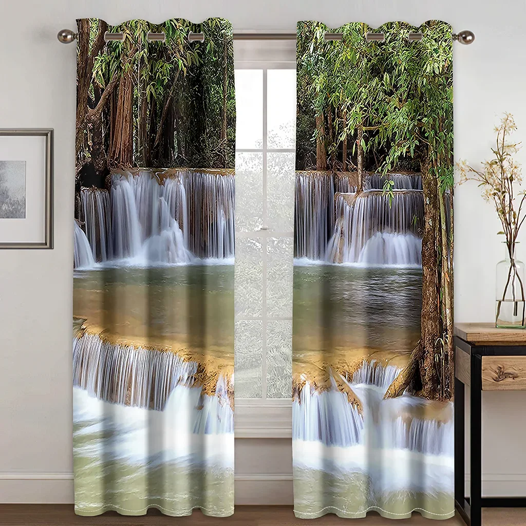 3D Waterfall Natural Scenery Landscape Thin Window Curtains For Living Room Kitchen Bedroom Left and Right Biparting Open