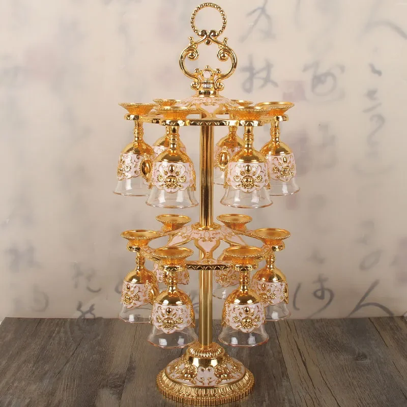 Retro Tall Wine Glass Set 12pcs Household Drinking Cups with Cover Baijiu Shot Glass Holder Vintage Style Barware for Home