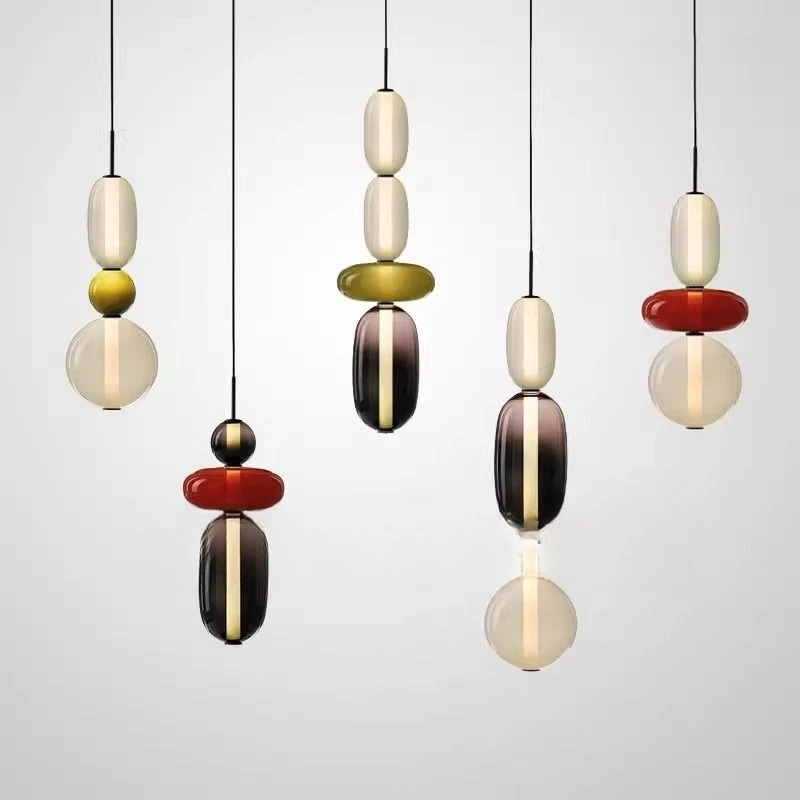 Nordic postmodern macaron colored pebble candy glass chandelier, retro style dining room bedroom bedside chandelier