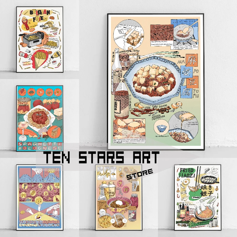 Chinese Food Japanese Foodies Poster Canvas Printing Fries Tangbao Pizza Food Aesthetic Illustration Prints Restaurant Kitchen