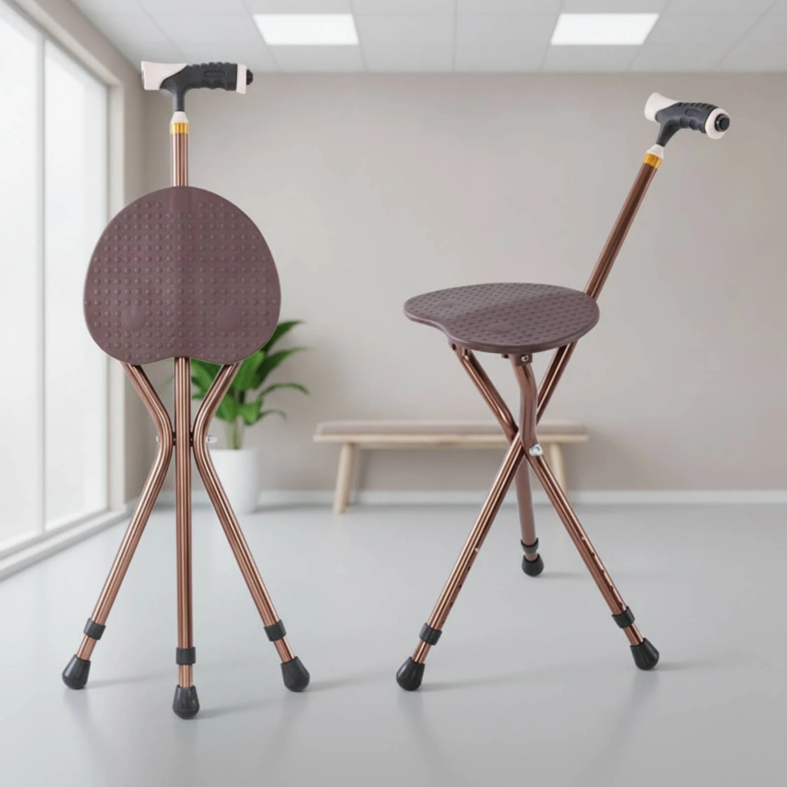 Portable Trekking Pole Seat Multi-Functional Ambulatory Cane with Seat Folding Cane Stool Anti-Slip Feet Mobility Aid