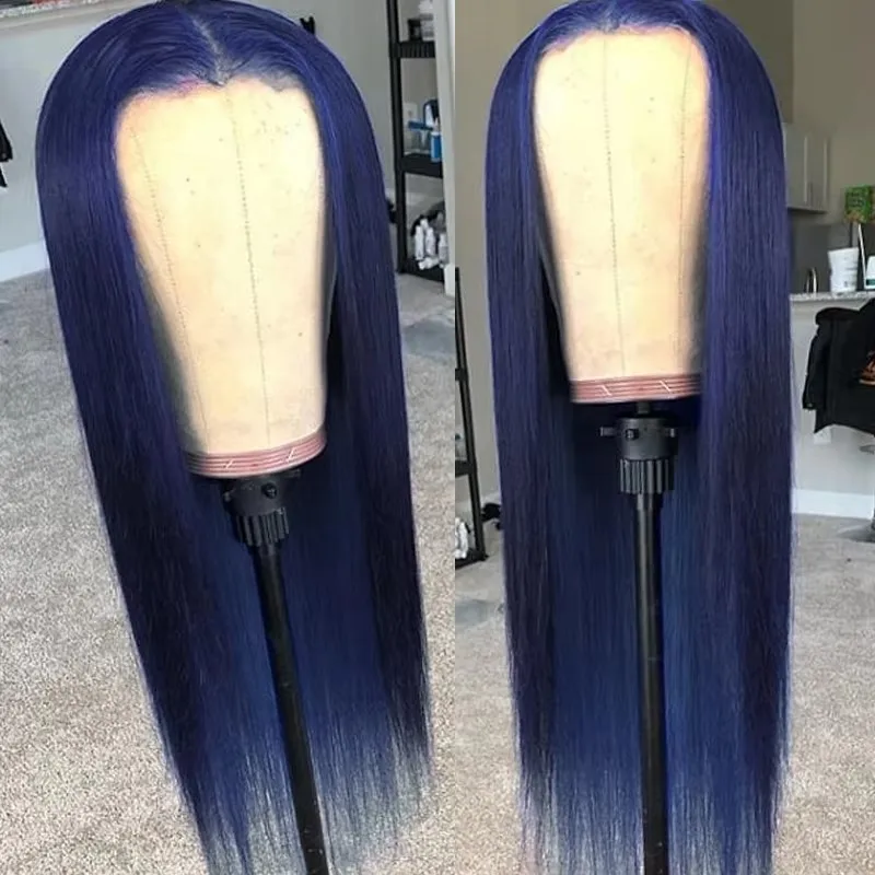 QW rambut sintetis biru tua lurus lembut 13X4 renda depan Wig untuk rambut wanita serat Cosplay tahan panas harian