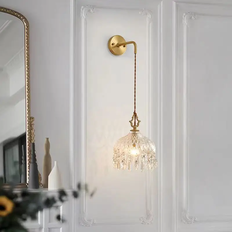 Retro Copper Crystal Wall Lamp for Bedroom LIving Room Background Wall Entrance Aisle Balcony French Style Brass Pendant Light