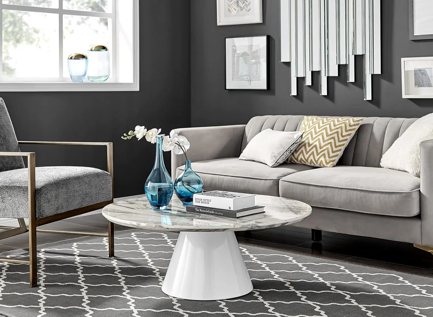 Coffee Table - Round Coffee Table - Contemporary Minimalist Coffee Table With Tapered Central Pillar - White, Customized