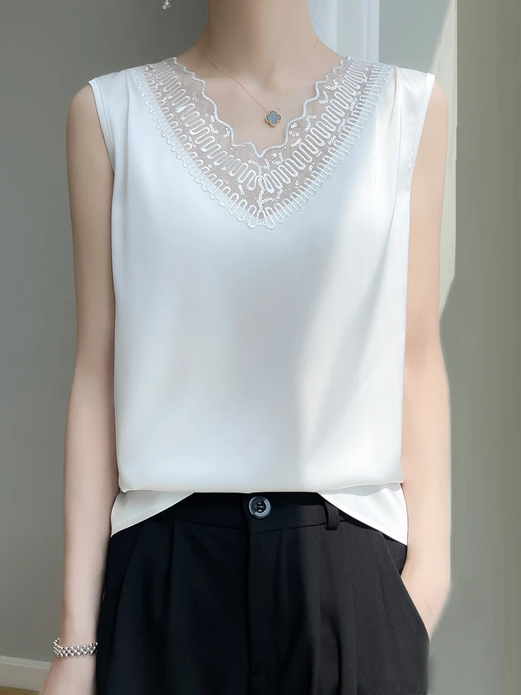 Artificial Silk Satin Lace Tank Top Thin Smooth Summer Women Bow-tie Lace Camis Silky Feel Cool Sleeveless T-shir CN Size 12426t