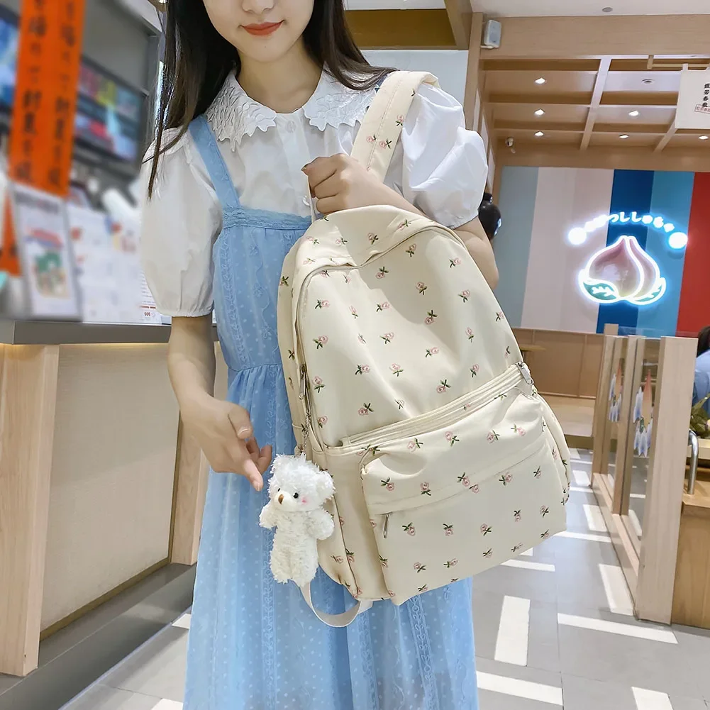 

Floral Prints Backpack with Pendant Girls College Backpack School Students Travel Bookbag Computer Aesthetic Backpack