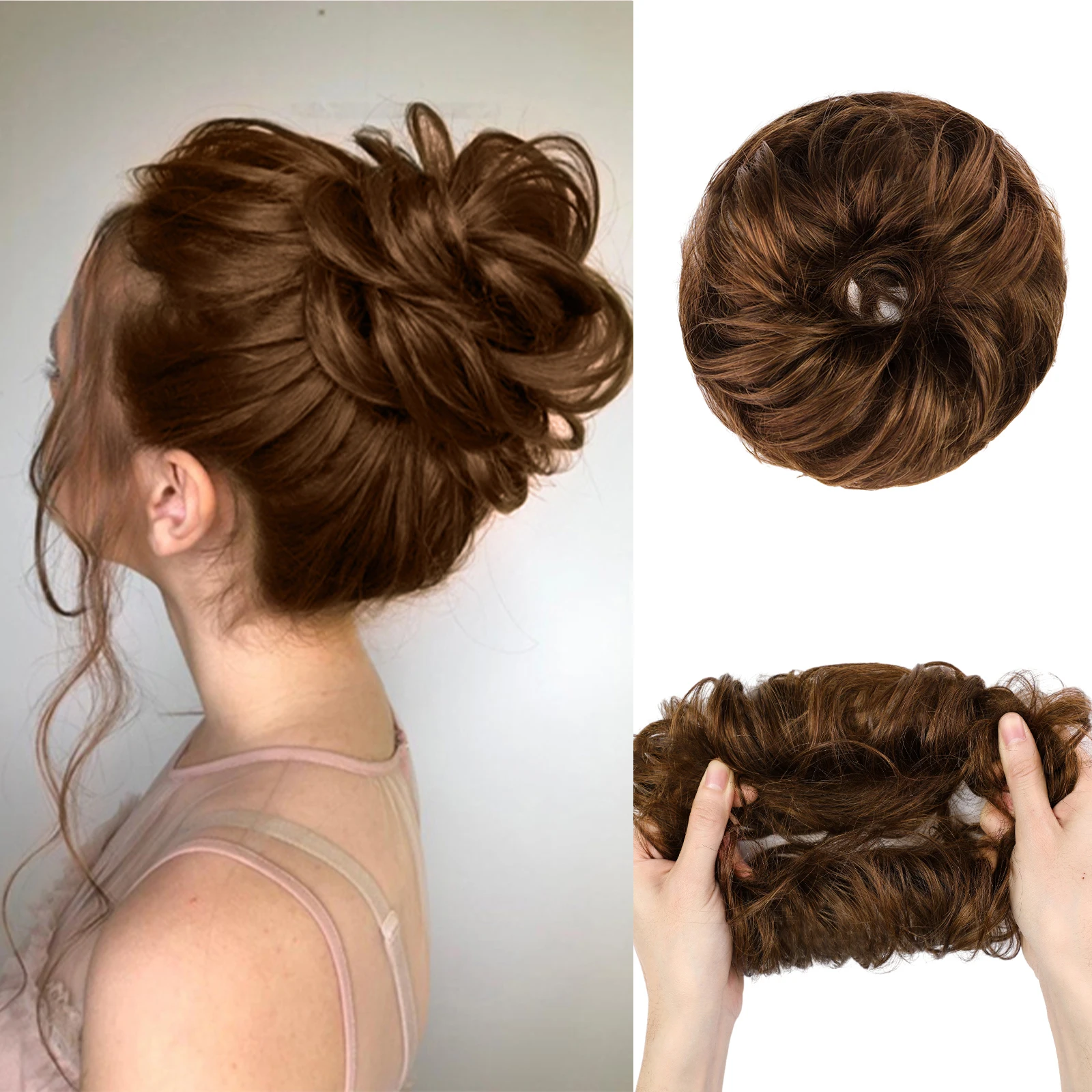 Brown Human Hair Messy Hair Bun Curly Chignon Extensions With Rubber Band 100% Human Hair Brown Messy Bun Hair Piece for Women