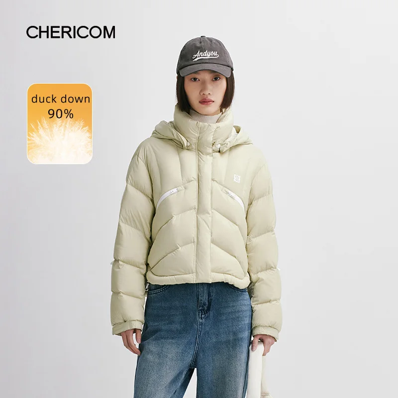 Chericom Short Removable Hat Warm Thickened Women's Down Jacket 2024 Autumn Winter Waterproof Zipper Pocket Casual Coats 298008