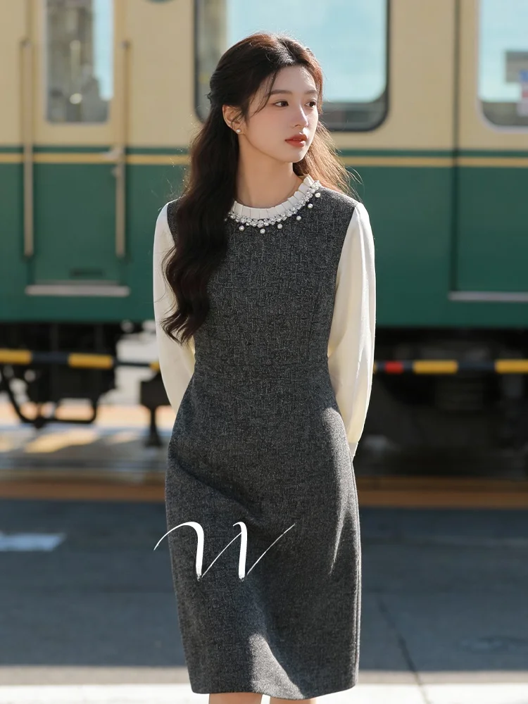 

Stunning plus Size Dr Women's Winter New Sle Slimming Ele Patchwork Waist Cinching Skirt Commute Polyester Blend