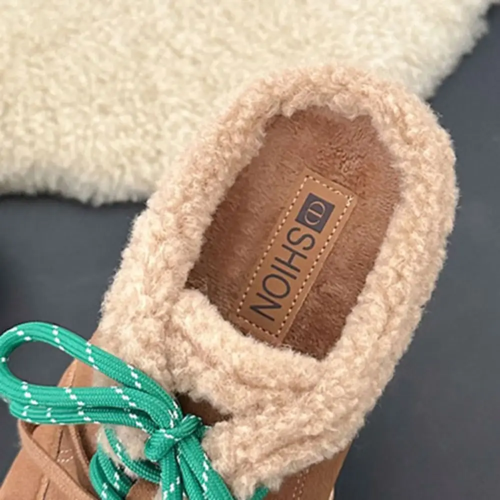 

Retro Rope Lace Up Outerwear Shoes Thick Warm Fleece Slippers Women Fluffy Home Shoes Winter Warm Slippers Indoor