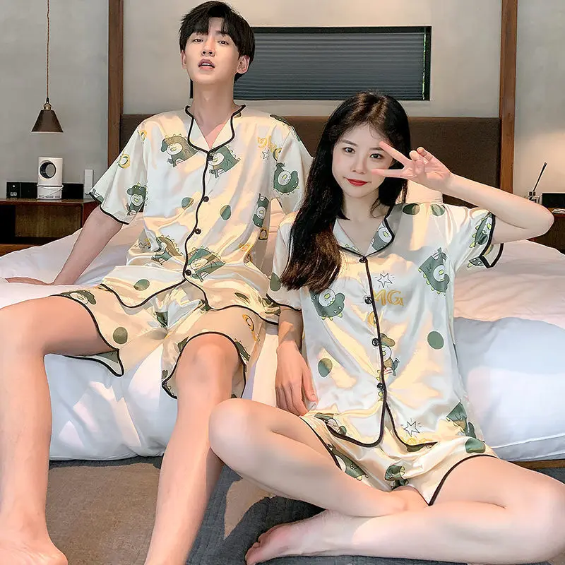 Pajamas Female Ice Silk Short-sleeved Couple Men\'s Shorts Summer Women\'s Pajamas Thin Section Simulation Silk Two-piece Set