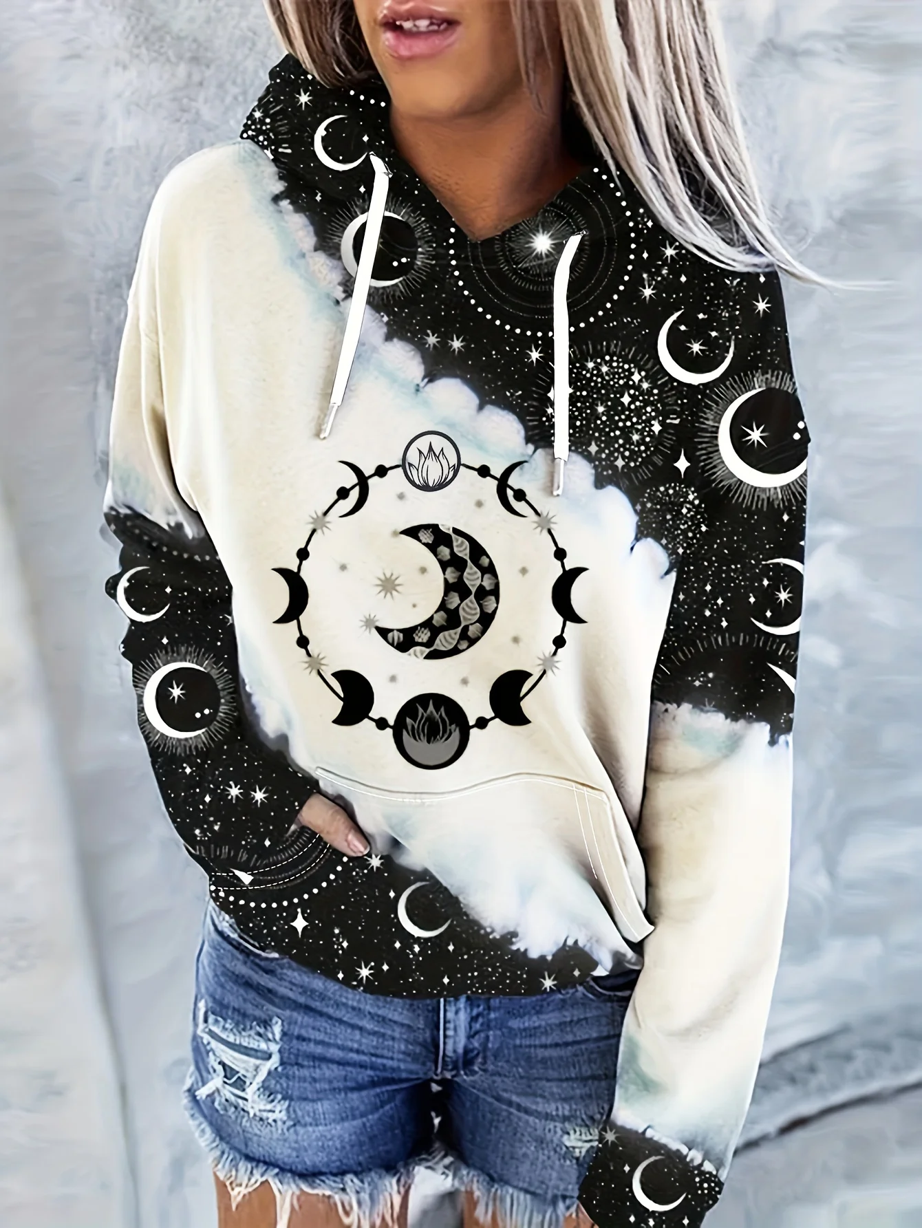 Fashionable Moon & Star Print Hoodie Adjustable Drawstring Hood, Roomy Kangaroo Pocket, Super Soft Womens Casual Sweatshirt