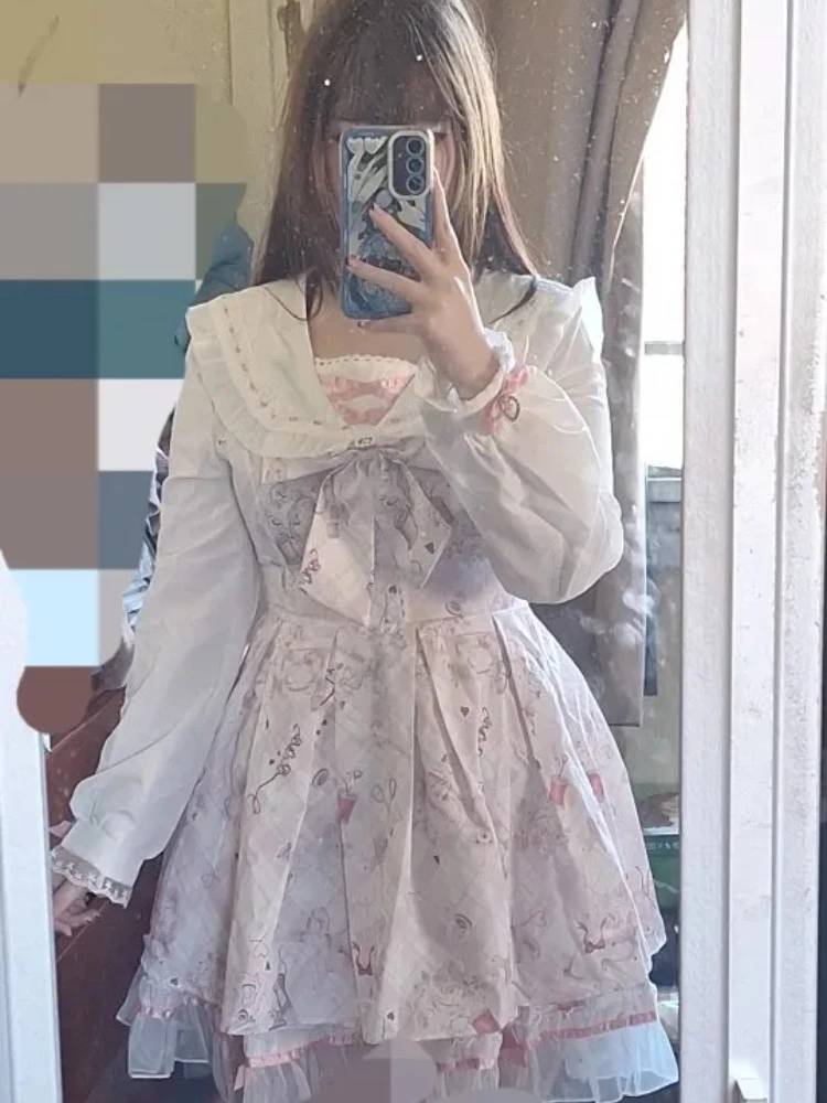 الخريف اليابانية الحلو لوليتا Kawaii فستان المرأة الربيع المطبوعة القوس تصميم وهمية قطعتين فستان الإناث الوردي كوريا الملابس الشعبية