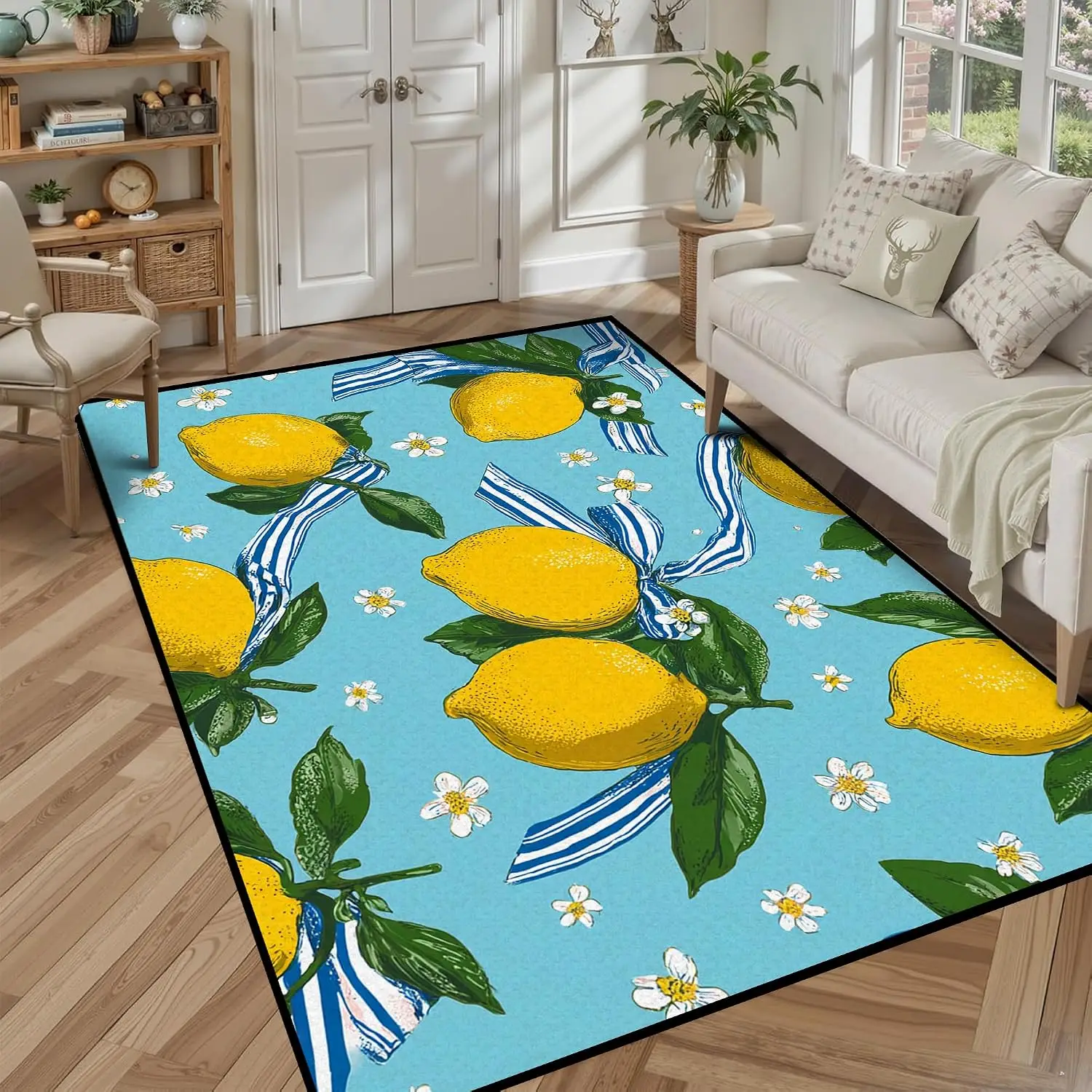 6x9 Large Blue Cartoon Lemon Fruit Area Rug Washable Non Slip Soft Carpet for Entryway Hallway Indoor Outdoor Home Decor