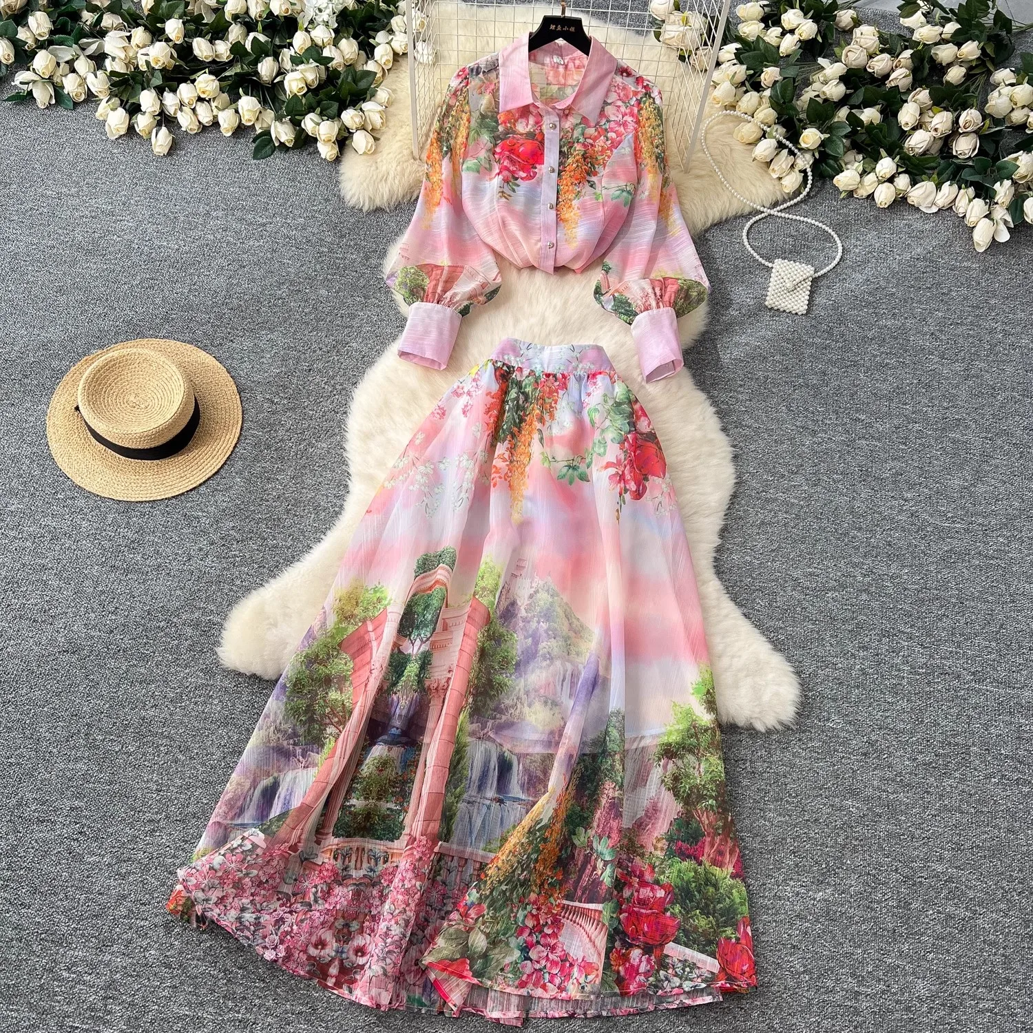 Alta qualidade feminino verão boho floral impressão saia conjunto blusa de manga longa topo + cintura alta plissado maxi saia ternos de duas peças