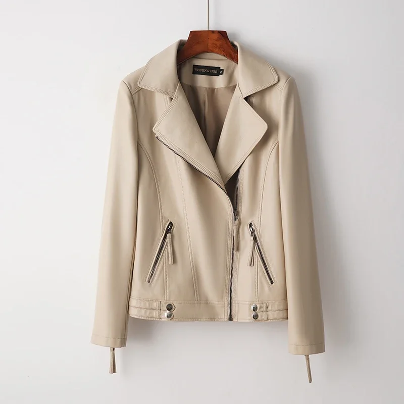 Spring Genuine Leather Biker Jacket Women's Slim Fit Short Style Suit Collar Sheepskin Coat Small Outerwear Genuine Leather
