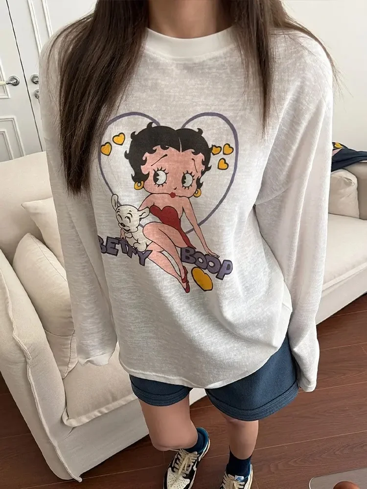 Korean Style Long Sleeve T-Shirt Women's Loose Casual Printed Top Summer Spring Fashionable Cotton Polyester Sun Protection