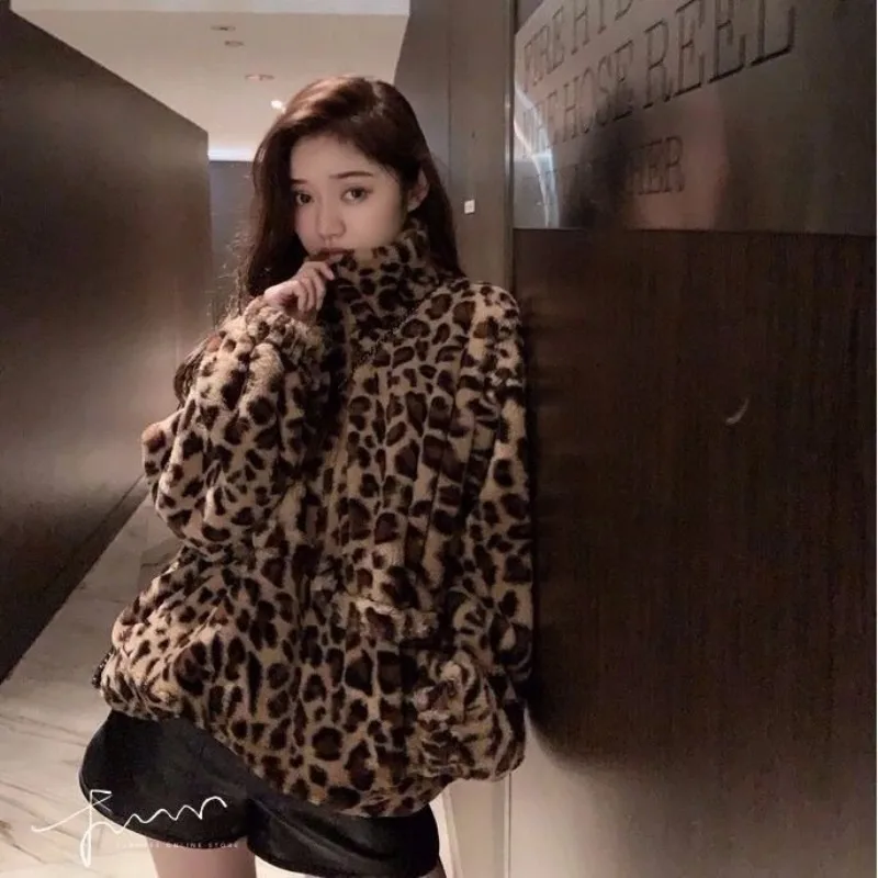 Women's Models Autumn Winter Coat Plush Leopard Plus Velvet Thickened Warm Retro Simple Comfortable Advanced New Niche Versatile