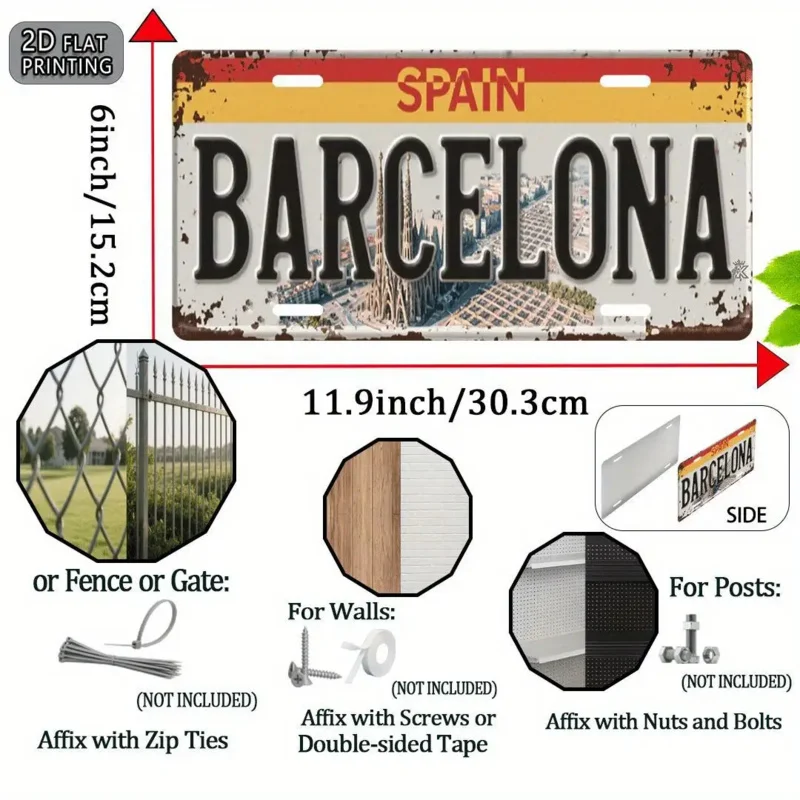 2D flat, Barcelona Spain vintage metal aluminum license plate number plate, travel souvenir, rustic style, family, friend gift