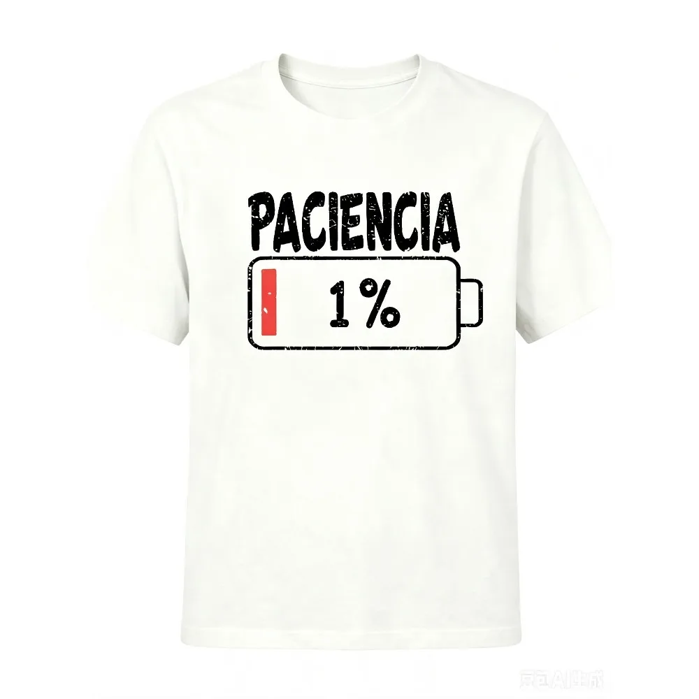 Vintage Paciencia 1% Low Battery Graphic Men T Shirt Spanish Slogan Print Funny Patience Quote Casual Summer Short Sleeve Tops