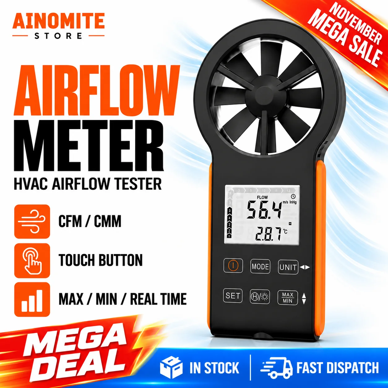Rechargeable Waterproof Digital Anemometer, CFM Air Flow Meter 0.3-30m/s Wind Speed Tester, 999900ft3/min Volume Gauge for HVAC