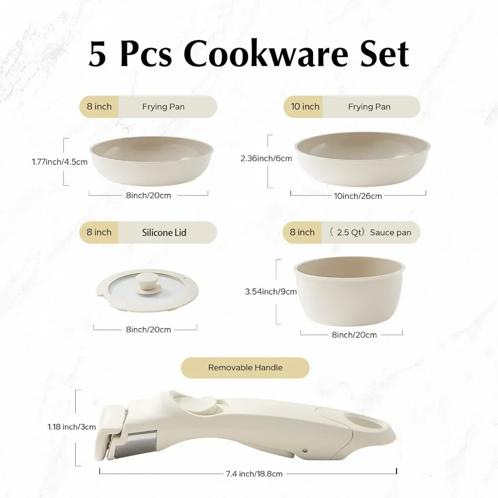 5-Piece Ceramic Cookware Set - Non-Stick Frying Pots And Pans With Removable/Detachable Handle