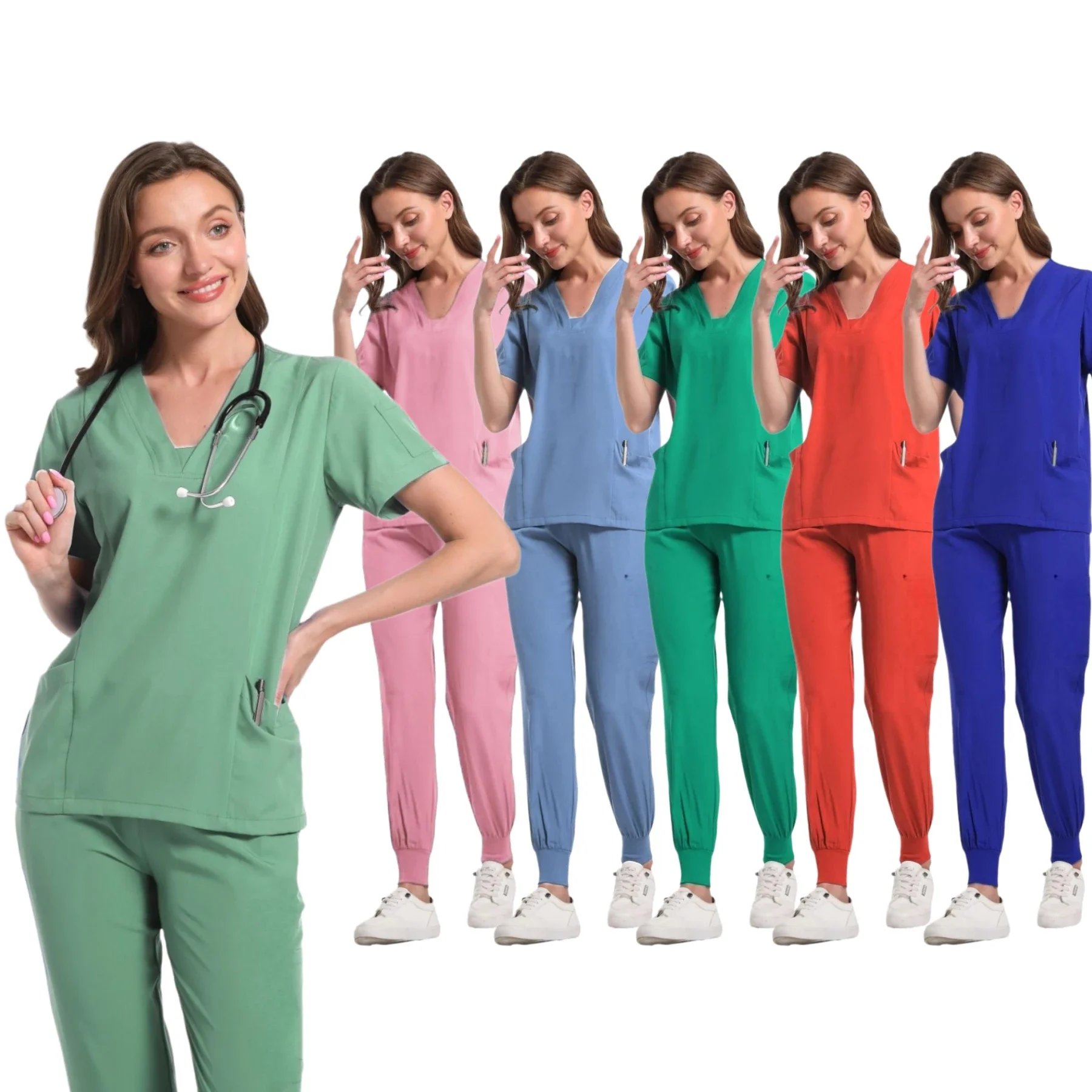 Medical Scrubs Breathable Stretchable Doctor Pet Clothes Hospital Beauty Salon V-Neck Vet Wear Scrub Sets Spa Uniforms Women