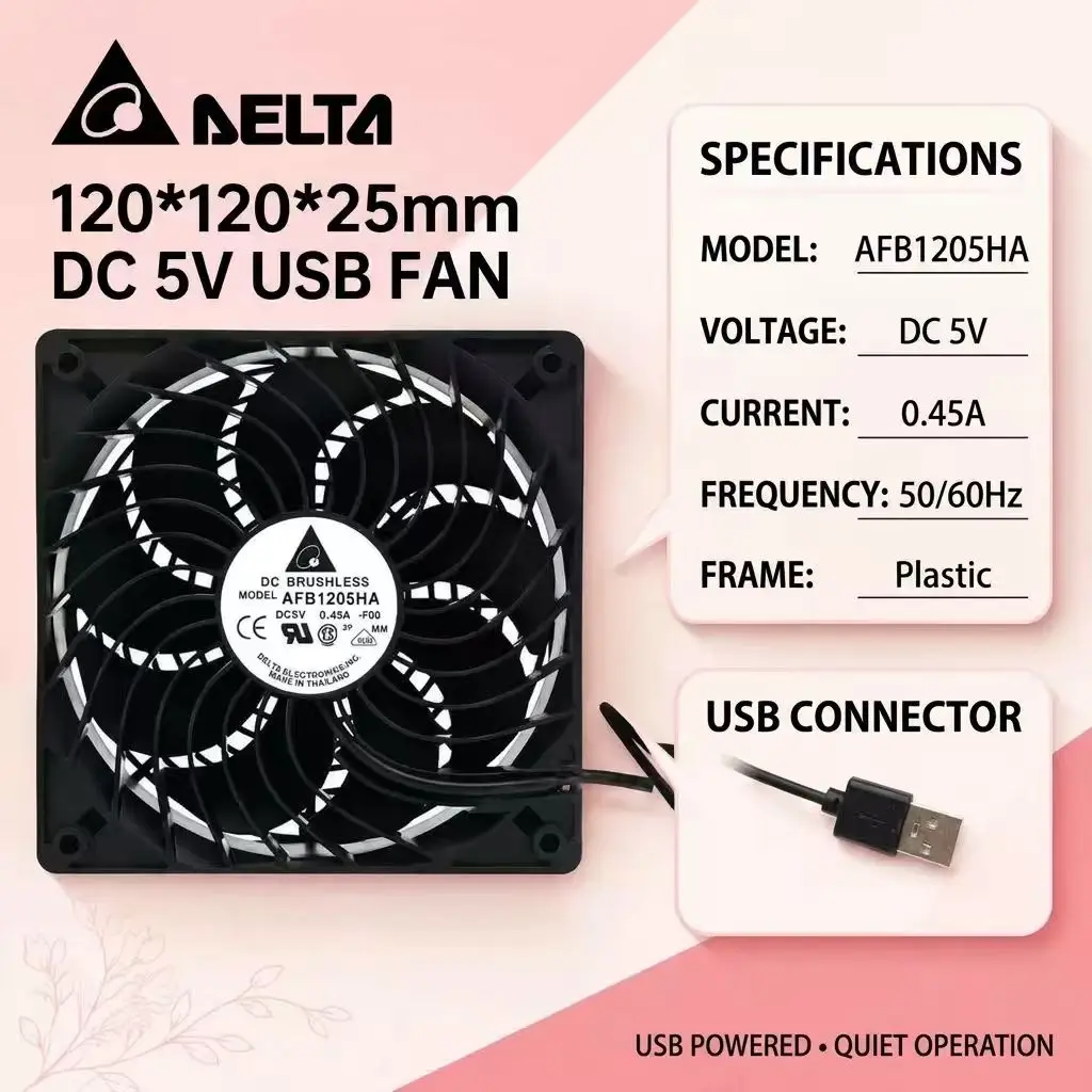 For DELTA AFB1205HA DC 5V 0.45A 12025 120x120x25mm USB Fan with On Off Switch Cable Grill Server TV Box Router Cabinet Axial Fan