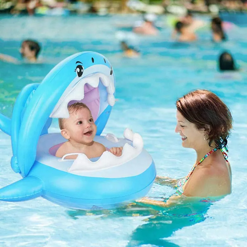 

Shark Swimming Ring with Awning Sunshade Pvc Inflatable Floating Ring Baby Float Swimming Pool for Kids Beach Accessories