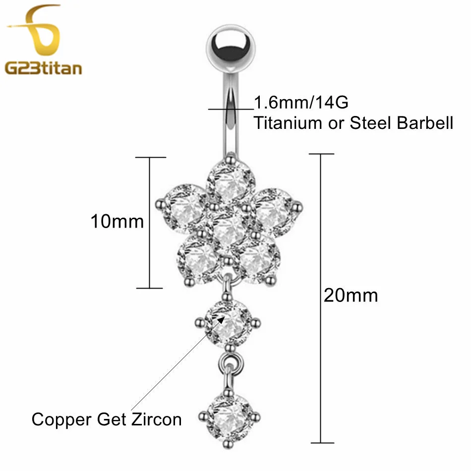 G23titan 14G Surgical Titanium Bar Belly Button Ring CZ Zircon Flower Dangle Crystal Women Navel Ombligo Piercing Body Jewelry