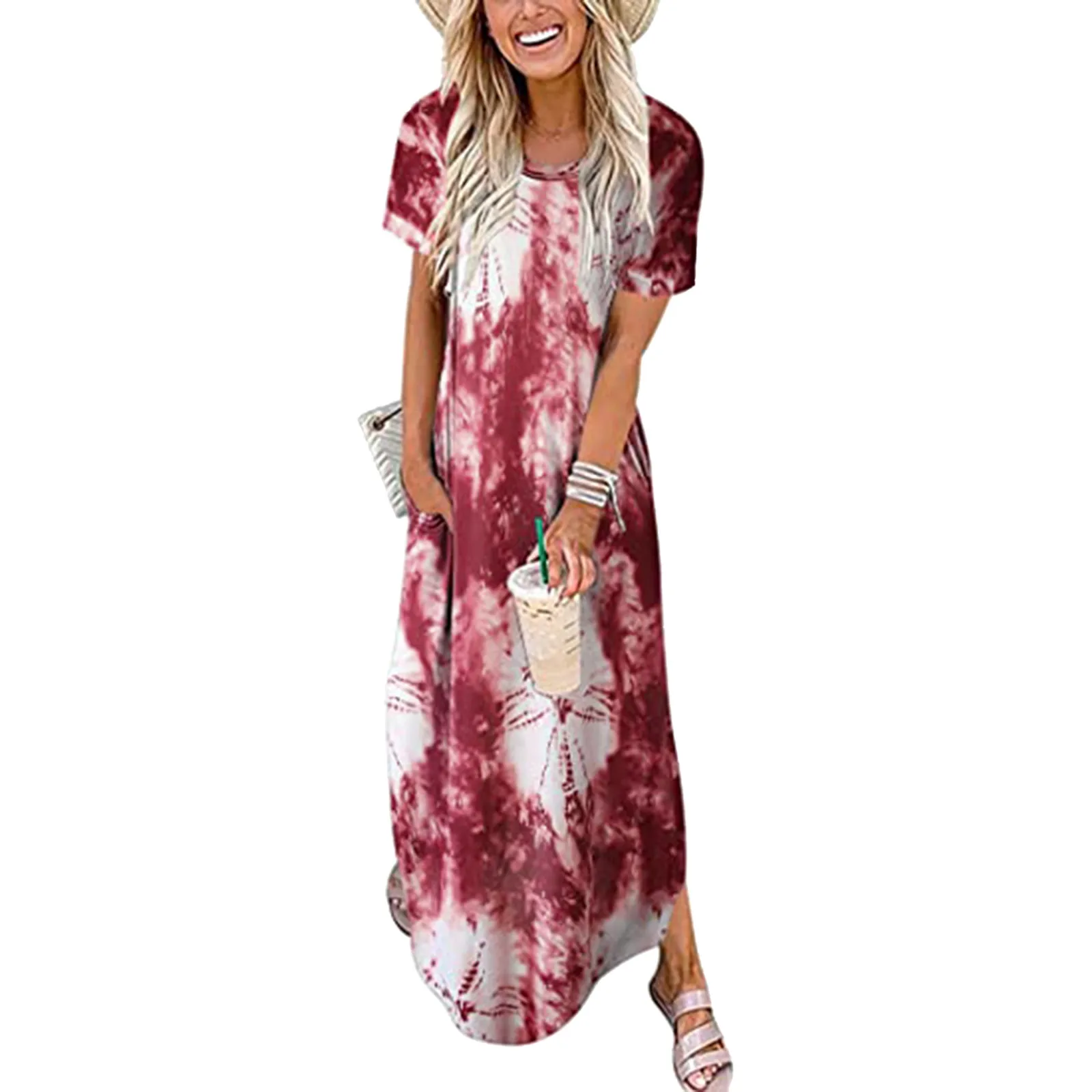 

Women Short Sleeve Pocket Printing Beach Long Maxi Loose Dress High Polyester Casual Style And Popular Look In All Season Dating