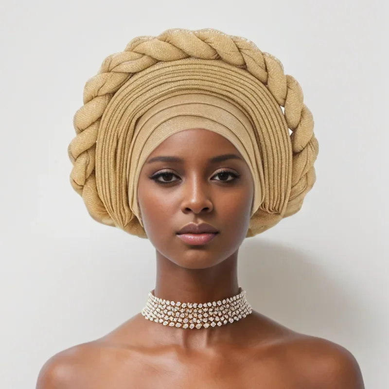 

2025 New African Braid Auto Gele Wedding Party Head Wrap Muslim Women Hijab Bonnet Turban Cap Nigeria Already Made Aso Oke Hat