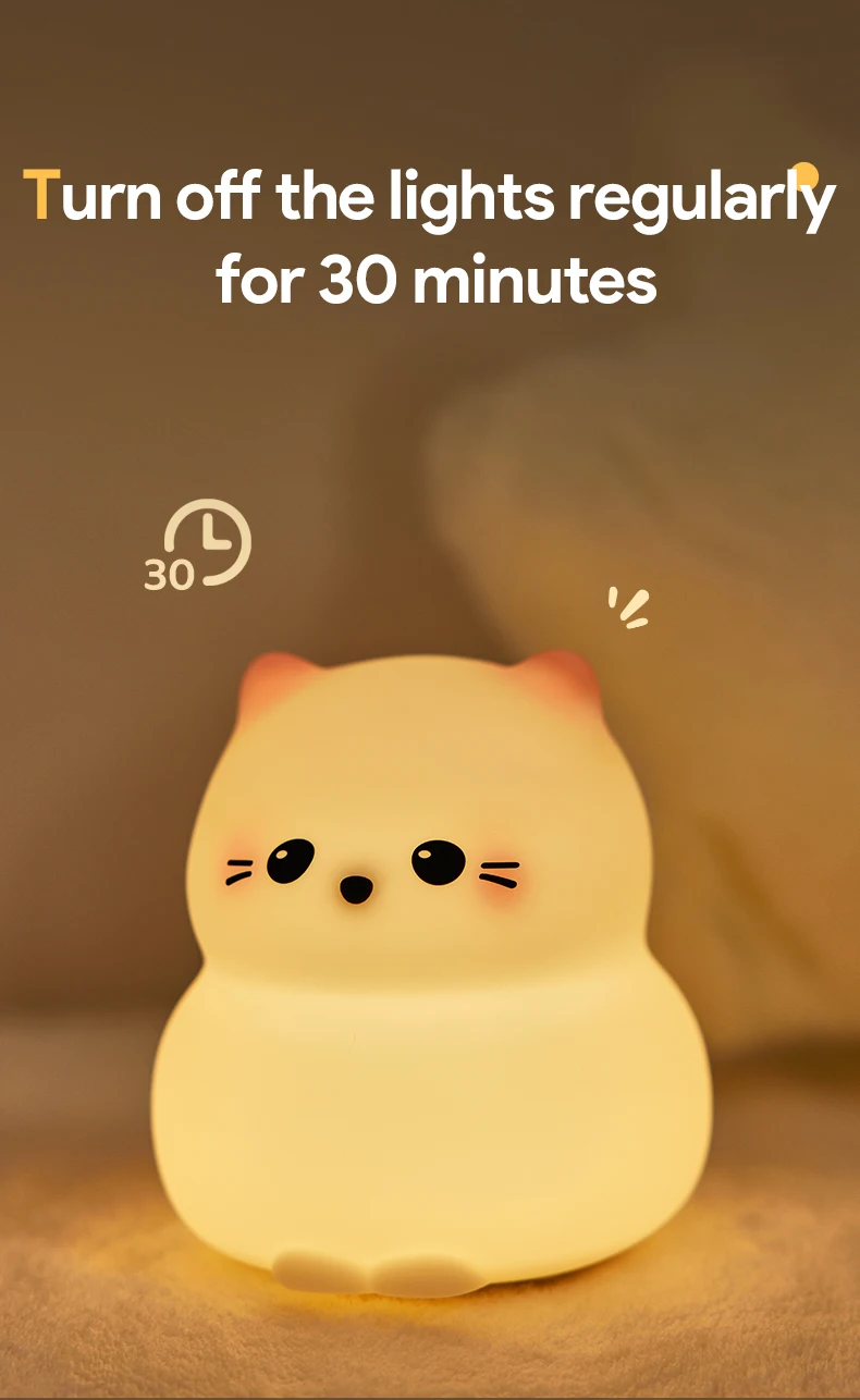 Guardian Kitty Silicone LED Night Lights USB Rechargeable Sleep Night Lamp Timing Bedside Room Decor Kids Baby Nightlight Gift
