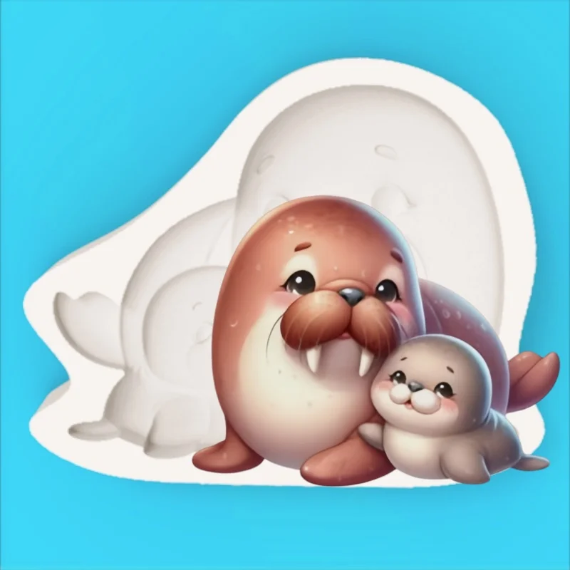 Molde de silicona para fondant y chocolate con diseño de foca reno arquítica, temática polar, con bigote y colmillos, para hacer figuras de padres e hijos.