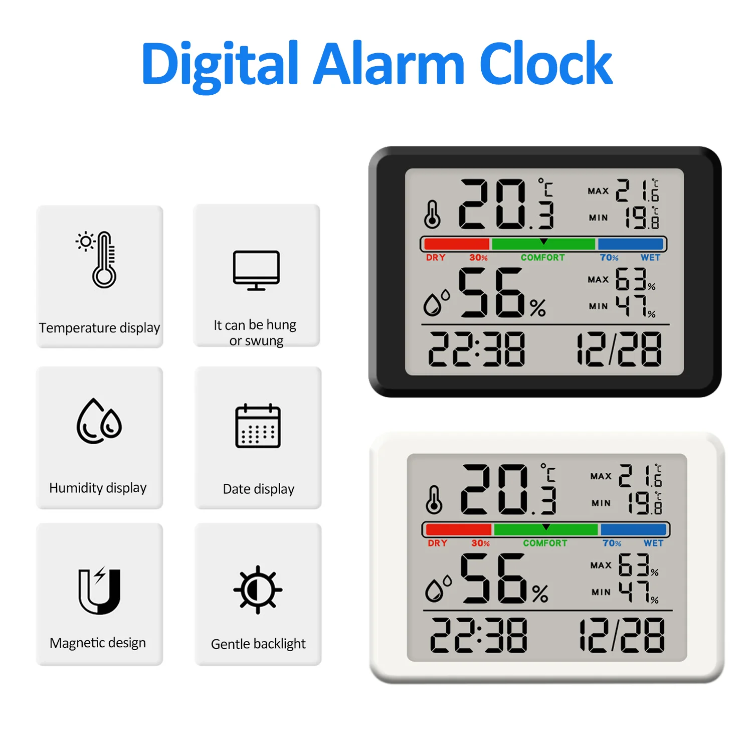 Magnetic Led Alarm Clock Electronic Alarm Clock with Temperature Date Humidity Display Backlight Hanging Hygrometer Home Decor
