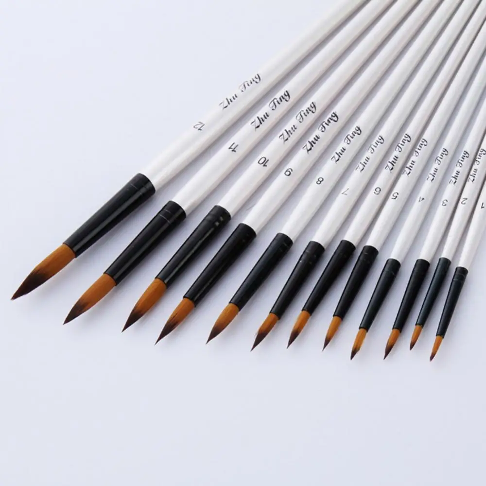 12Pcs Artists Paint Brush Set Acrylic Watercolor Round Pointed Nylon Tip Hair Watercolor Oil Painting Pen Kids Drawing Brush