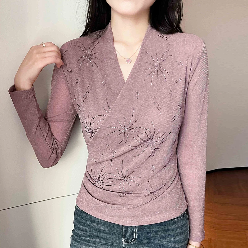 

Black,Spring,Korean,Style,Mesh,Thin,T-Shirt,Chic,Sexy,V-Neck,Shiny,Diamonds,Women,Tops,Long Sleeve,Bottoming Shirt,Tees,59204
