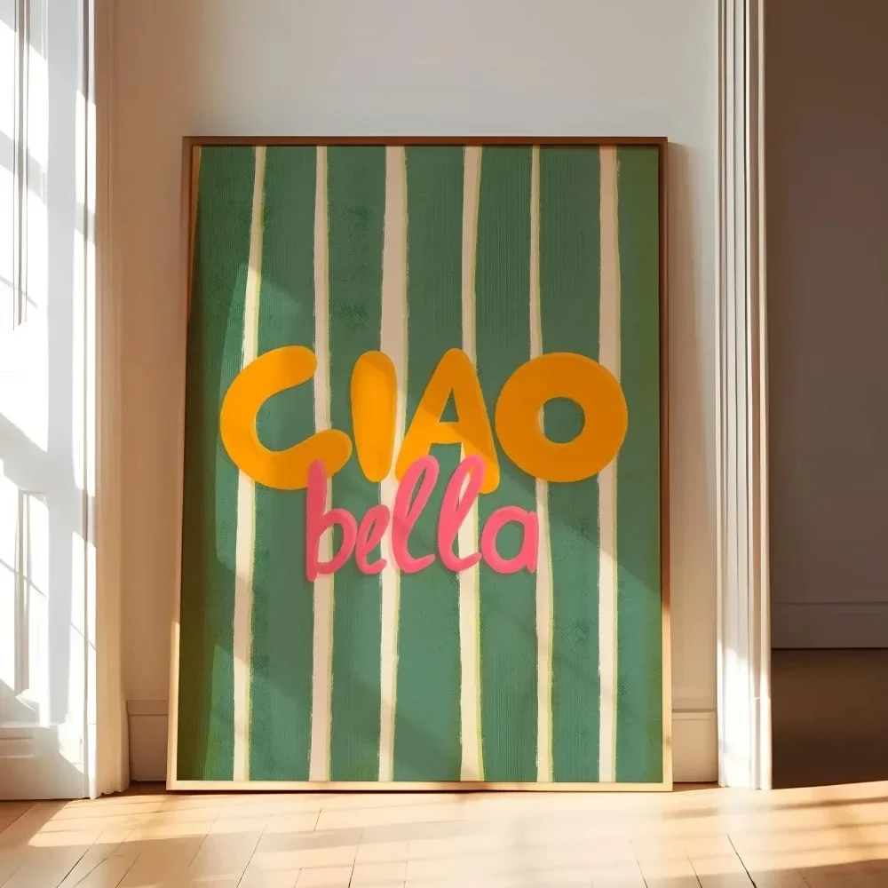 1pc frameless Canvas Painting 1pc Frameless Ciao Bella Poster,Sage Art Stripe Printing,for Living Room Bedroom Decor,Fashion Wal