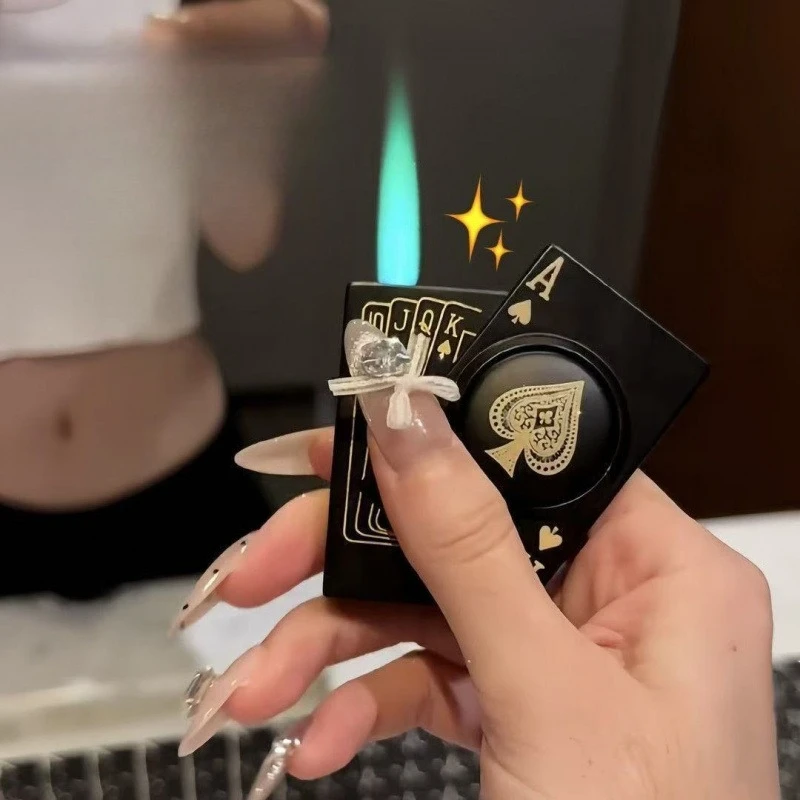 Spades A Playing Card Fidget Spinner Lighter, Windproof Jet Flame Butane Lighter Decompression Lighter with Side Ignition