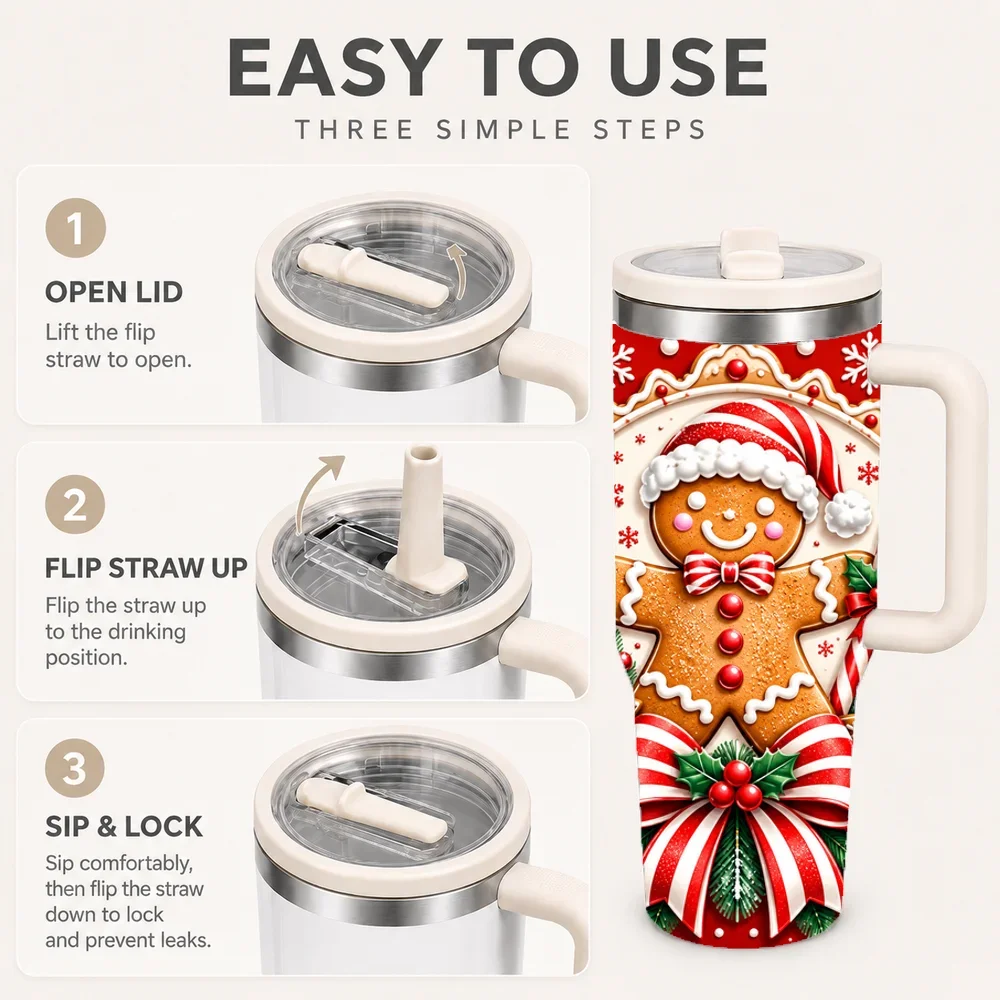 Gingerbread Stripe Christmas Vacuum Flasks 40oz Stainless Steel Insulated Tumbler with Handle & Straw Lid, Leakproof Travel Cup