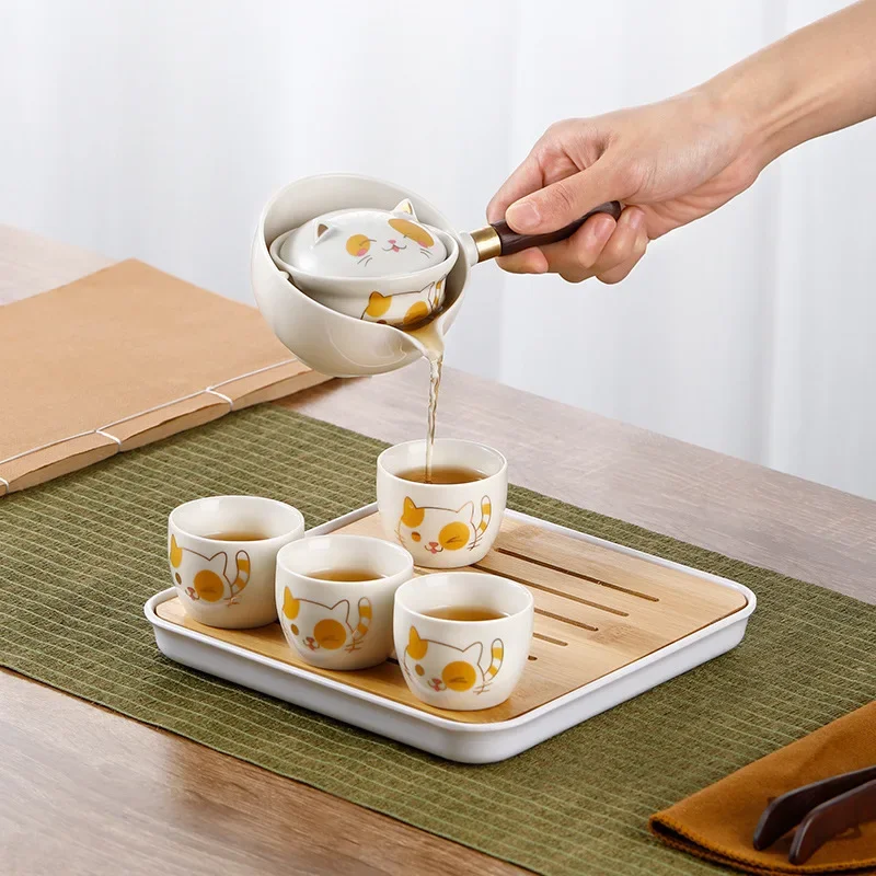 Rotating Pot, Four Cups, Travel Tea Set, Souvenir Teapot, Home Ceramic Side Handle Pot Tray, Dry Brewing Water Storage Tea Set