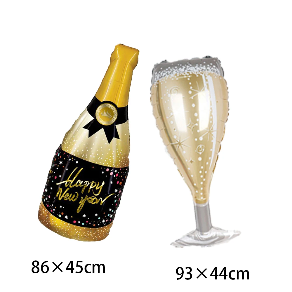 الذهبي 2026 بالونات حفلات السنة الجديدة زجاجة شمبانيا أكواب النبيذ احباط بالون سنة جديدة سعيدة الذهب الأسود السنة الجديدة لوازم الحفلات