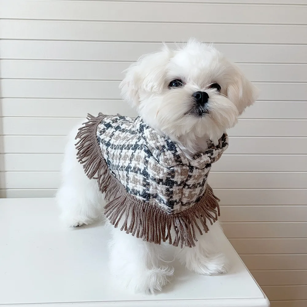 Dog Hooded Cape Plaid Woolen Jacket Dog Clothes Dogs Tassel Cape Pet Supplies Kitten Cape for Small Dogs Jacket Dog Coat